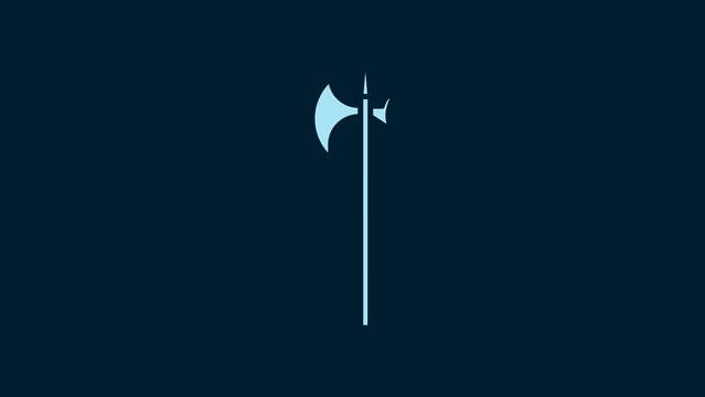 White Medieval halberd icon isolated on blue background. Medieval weapon. 4K Video motion graphic animation
