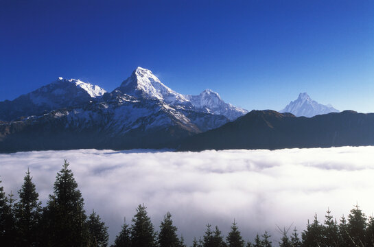 Himalayan peaks covered with snow in the Anapurna Area, Nepal.