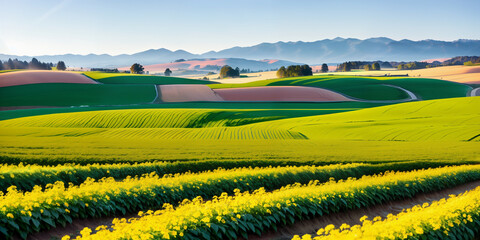 farm in farmland with a field of flowers and mountains in the background, with rolling hills and immaculate rows of crops