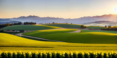 Fototapeta premium farm in farmland with a field of flowers and mountains in the background, with rolling hills and immaculate rows of crops