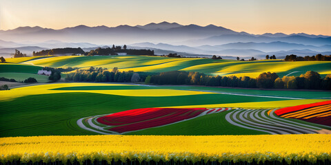 farm in farmland with a field of flowers and mountains in the background, with rolling hills and immaculate rows of crops