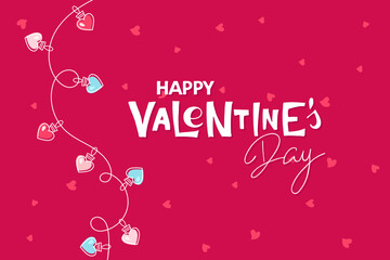 Happy Valentine's Day greeting card with garland bulbs in hearts shapes on hearts red background. Hand Drawn lettering, Linear glow light lamp. Flat Vector illustration. Typography and Lettering.