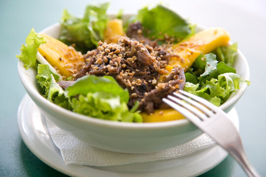 Food from Brazil. Salada de pato (arugula, lettuce, grilled mango and shredded duck)