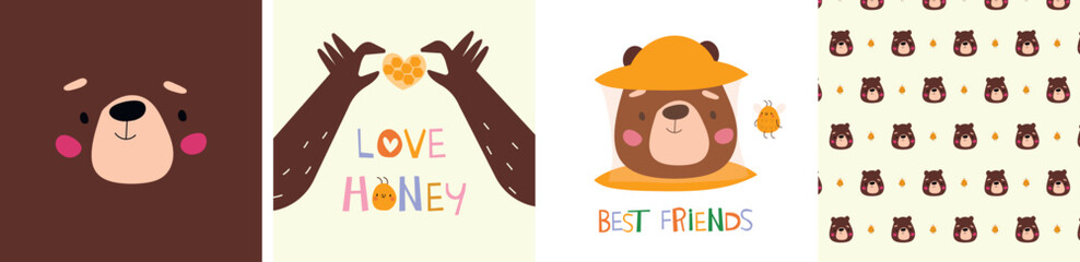 A set of children's prints and a pattern with a bear.  Bear face and hand drawn font for kids design