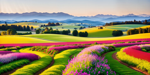 farm in farmland with a field of flowers and mountains in the background, with rolling hills and immaculate rows of crops