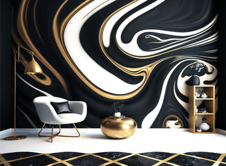 luxury illustration abstract swirling black and white marble stone golden chrome room 3D realistic wall furniture background. generative ai
