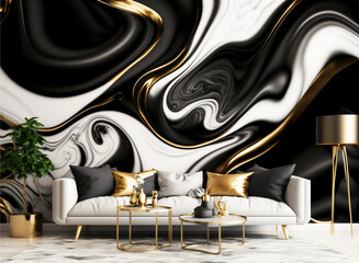 luxury illustration abstract swirling marble stone golden chrome room 3D realistic wall futuristic background. generative ai