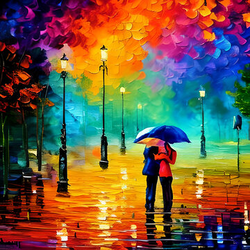 couple under umbrella rain day, Generative AI	