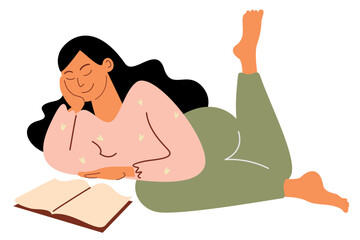 Young woman reading good book at home. Women enjoy reading. Trendy hand-drawn cartoon vector flat illustrations.
