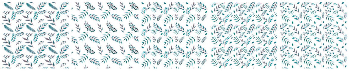 Watercolor botanical greenery illustration patterns set, collection. 5 patterns in 1 . Green leaves, tropical, eco ,bio, vegan, vegetarian seamless patterns for scrapbooking, fabric,textile, project