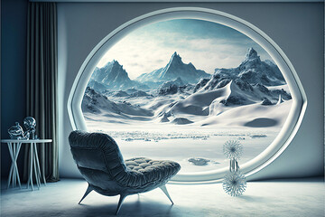 Living-room with view on a frozen planet
