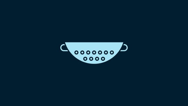 White Kitchen colander icon isolated on blue background. Cooking utensil. Cutlery sign. 4K Video motion graphic animation