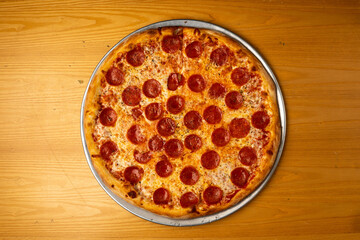 Pepperoni pizza on a tray