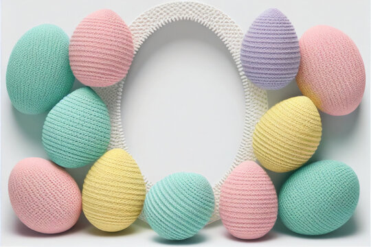 Cute knitted Easter chicken in pastel colors, background/wallpaper/card, isolated on white with empty space for text and additional images