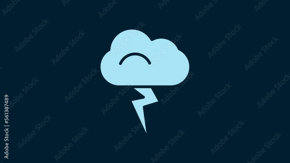 Poster white storm icon isolated on blue background. cloud and lightning sign. weather icon of storm. 4k vi