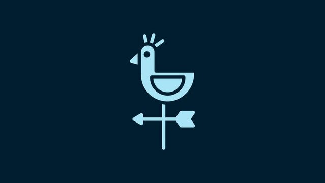 White Rooster weather vane icon isolated on blue background. Weathercock sign. Windvane rooster. 4K Video motion graphic animation