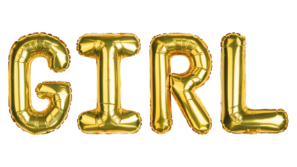 GIRL. Word Girl. Yellow Gold foil helium balloon. Balloons decoration for celebrate baby shower party of gift giving ceremony. English Alphabet Letters. Isolated white background. High resolution