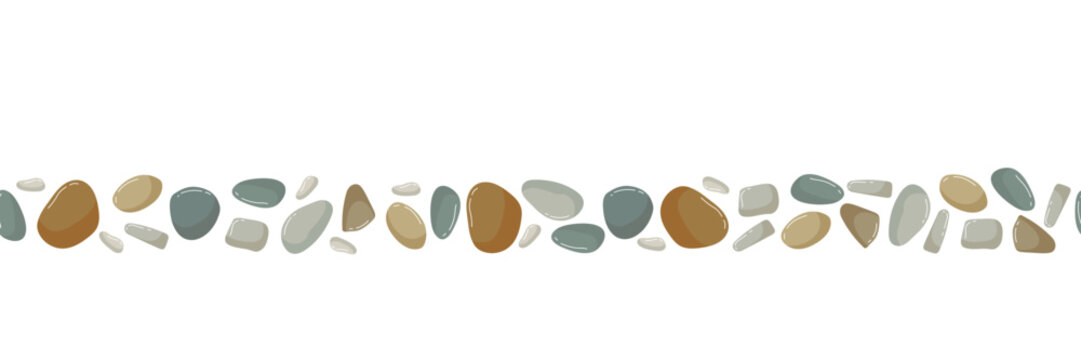 Horizontal Seamless Beach pebbles border. Various shapes different colors. Vector stone frame isolated on white background. Beach, Spa stones. Sea rocks. Hand drawn wallpaper, textile, packaging.