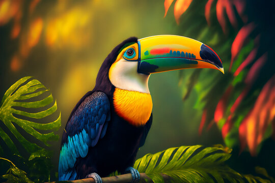 um tucano colorido sentado no topo de um galho de &aacute;rvore na frente de folhas