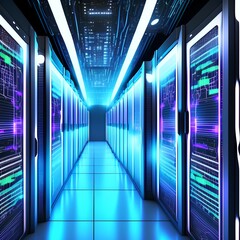 Generative AI for Imagery of a Dark Data Center Room with Computers, Storage Systems and Glowing Elements