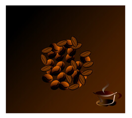 Coffee cup next to coffee grains. Vector illustration.