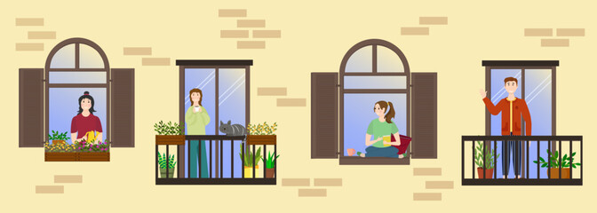 Facade of a house with open windows and balconies. Different types of people communicate as neighbors. The concept of good neighborliness, the unity of people, mutual assistance and support. Color vec