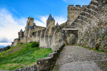 Fototapeta na wymiar Walls and towers of the historical walled town of Carcassonne, France