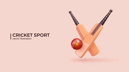 3d Cricket Concept. Realistic 3d Design of Cricket championship, Cricket Bat, Ball in Trendy colors. Vector illustration in cartoon minimal style.