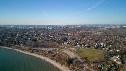 Fototapeta na wymiar Aerial view of Paradise Park on the coast of Lake Ontario in Ajax Ontario