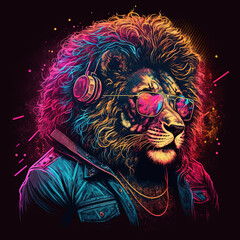 Cool neon party lion in headphones and sunglasses. Generative AI Not