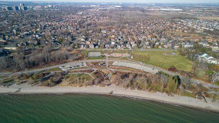 Aerial view of Paradise Park on the coast of Lake Ontario in Ajax Ontario