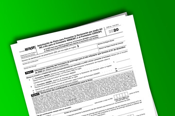 Naklejka premium Form 8878 (SP) documentation published IRS USA 01.19.2021. American tax document on colored