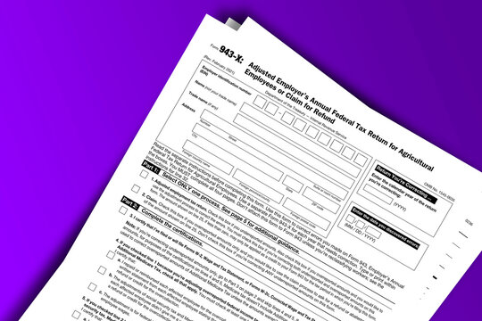 Form 943-X documentation published IRS USA 03.24.2021. American tax document on colored