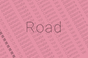 Obraz premium Word Road in languages of world. Logo Road on Pink sherbet color