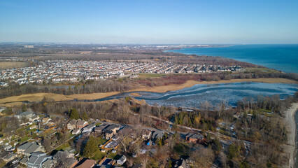 Aerial view of Ajax Ontario waterfront on the coast of Lake Ontario by Paradise Park