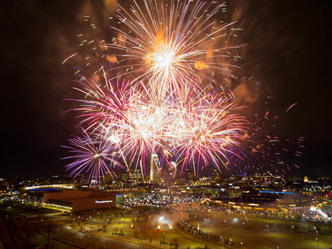 Aerial Image of fireworks in the city of Omaha Nebraska