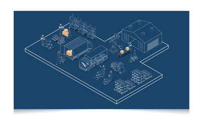 3D isometric Logistic concept with Workers loading products on the trucks, storage buildings Warehouse Logistics, Transportation operation service, logistics management. Vector illustration EPS 10