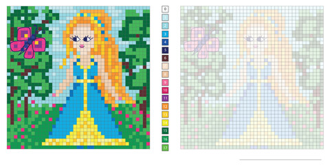 vector pixel illustration, princess in the park met a butterfly, coloring book, embroidery design, mosaic, creativity, development of motor skills and imagination