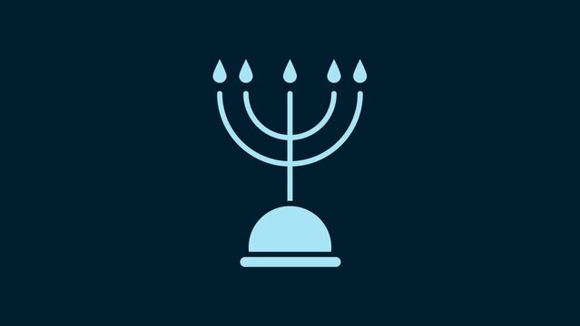 White Hanukkah menorah icon isolated on blue background. Hanukkah traditional symbol. Holiday religion, jewish festival of Lights. 4K Video motion graphic animation
