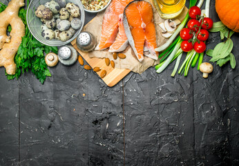 Healthy food. Salmon with vegetables and herbs .