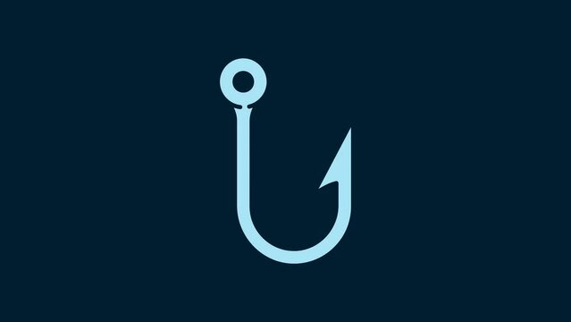 White Fishing hook icon isolated on blue background. Fishing tackle. 4K Video motion graphic animation