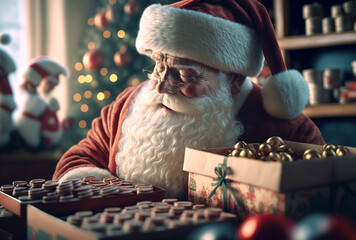 Santa Claus sits at a table with Christmas decorations to wrap gifts and decorate the Christmas tree. Generative AI