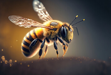 Bee and honey drops, honeybee macro. Generative AI