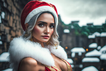 attractive provocatively dressed woman in santa claus costume respectively santa claus woman. Generative AI - obrazy, fototapety, plakaty