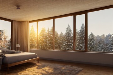 Cozy Beautiful Modern Bedroom Interior in Winter Made with Generative AI