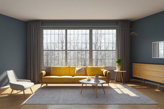 Cozy Modern Living Room Interior with Yellow Sofa Couch in Winter Made with Generative AI