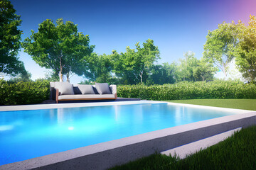 piscina ensolarada futuristica com muito verde