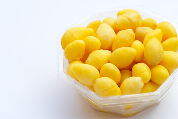 Boiled ginkgo nuts on white background.