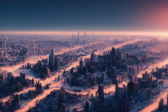 Aerial Drone View of Cityscape at Twilight in Winter Made with Generative AI