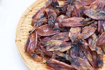 Dried squid on white background.